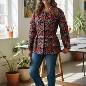 Vintage Biva Saint Honoré Paris Brocade Jacket Black Floral Bird Embroidered